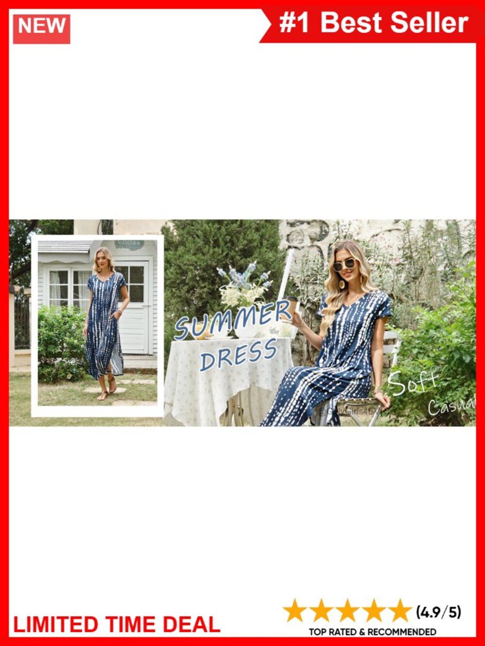 RUMIA Women's V-Neck Maxi Dress Cap Sleeve Sundress with Pockets - Picture 5 of 6